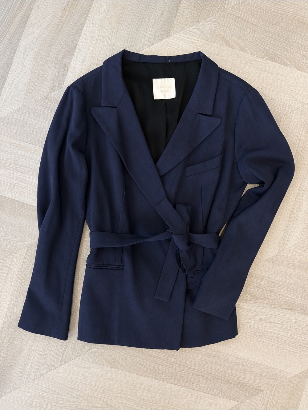 Lanvin Linen Blend Made in France Navy Wrap Blazer Jacket Size 10